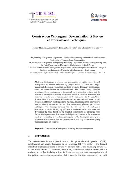Construction Contingency Determination: A Review of Processes .